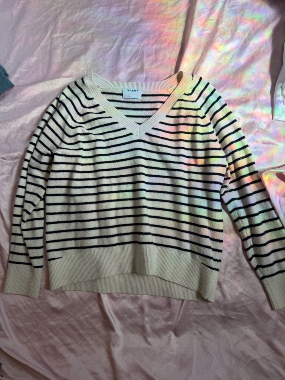Old Navy Cream and Black Striped V-Neck Sweater